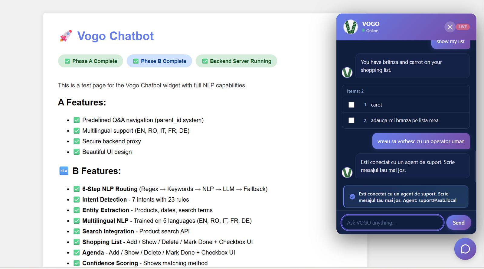 VOGO AI chatbot panel